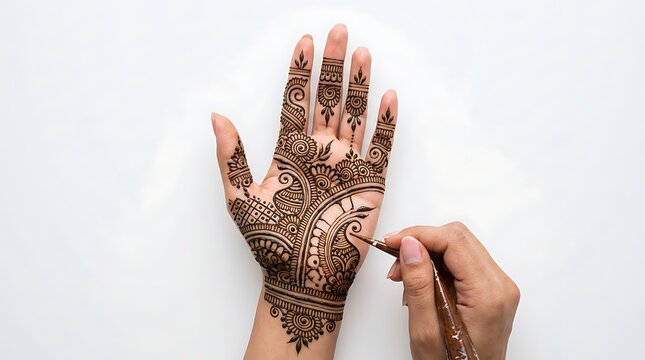 A close up of a female hand decorated with intricate brown henna patterns on white background with patterns while applicator applicator cone