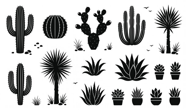 Black Cactus Silhouette Collection Desert Botanical Vector Set