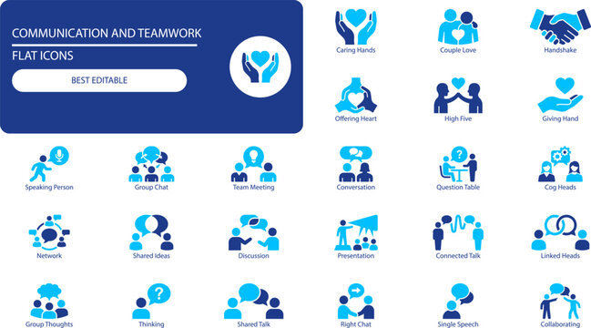 Communication and teamwork vector pictogram set. Outline symbols of chat, handshake, love and collaboration for business design