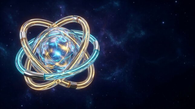 Glowing neon atom model with bright blue and golden luminous rings orbiting central energy sphere against dark cosmic space background for quantum physics and advanced scientific research concepts