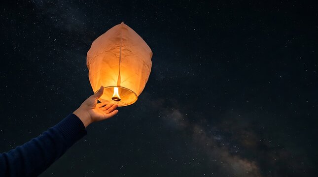 Person holding a glowing paper lantern against the night sky