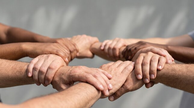 Diverse group of people holding hands in a circle representing unity and teamwork.