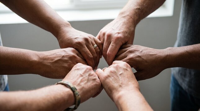 Diverse group of people joining hands together in a circle for unity and support.