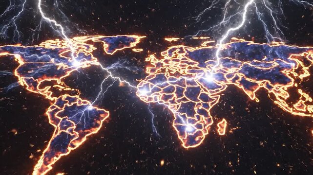 World map outlined in lightning and fiery sparks.