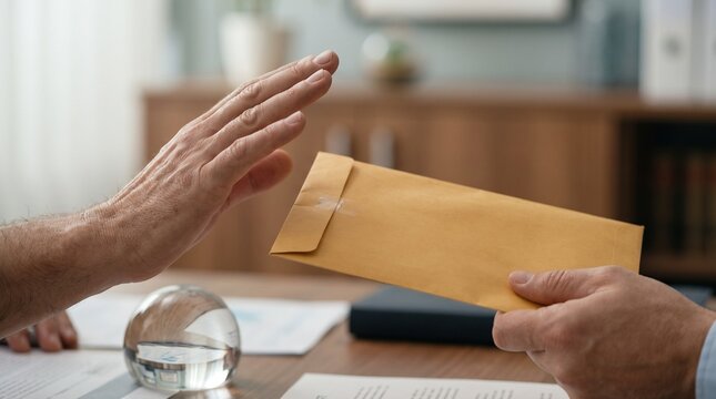 Person refusing a bribe or envelope in a professional office setting.