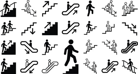 A collection of black and white vector icons depicting people walking up and down stairs and using moving escalators © SOHIDUL