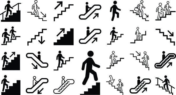 A collection of black and white vector icons depicting people walking up and down stairs and using moving escalators