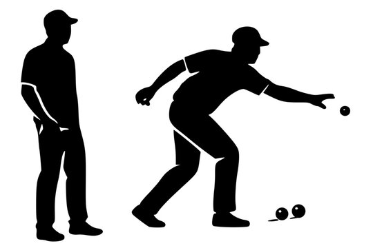 Black silhouettes of two players tossing balls, bold vector design symbolizing precision, focus, and leisure sport tradition.