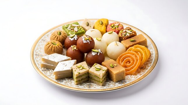 A variety of traditional indian sweets arranged on a decorative plate against white background with assortment colorful traditional sweets with sweets