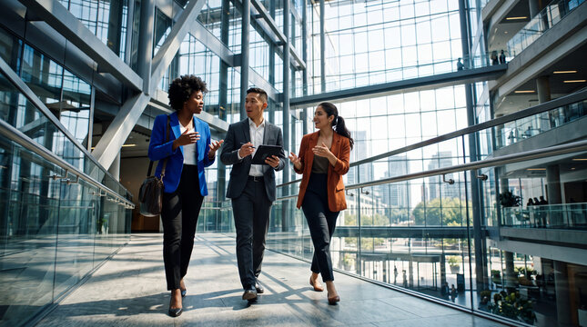 Young business team walking through a sunlit office atrium