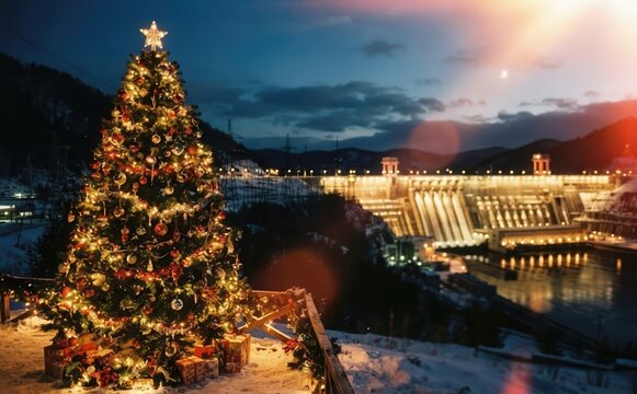 Lit Christmas tree overlooking illuminated hydroelectric dam at winter dusk representing green energy holiday celebration
