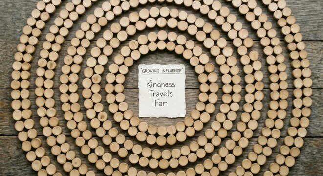 Kindness Travels Far message surrounded by concentric circles of wooden discs