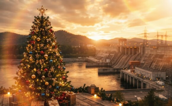 Lit Christmas tree overlooking hydroelectric dam at sunset concept for green energy holiday power and winter scenery