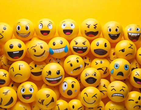 Collage of yellow emojis with various facial expressions and emotions