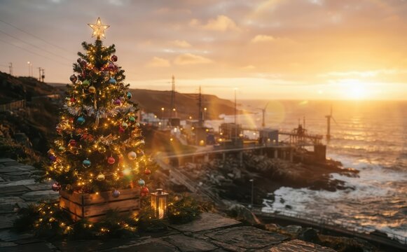 Decorated Christmas tree glowing with lights on a coastal cliff overlooking the sea at sunset for holiday greetings and festive design
