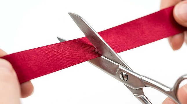 A close up view of metal scissors cutting a piece of red ribbon with white background studio through strip bright satin ribbon against scissors held human