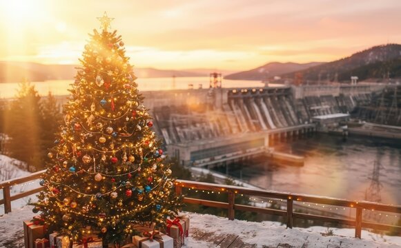 Decorated Christmas tree with lights outdoors overlooking a hydroelectric dam at winter sunset