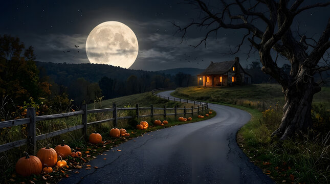 Bright full moon shining over a dark country road with orange pumpkins at night in autumn