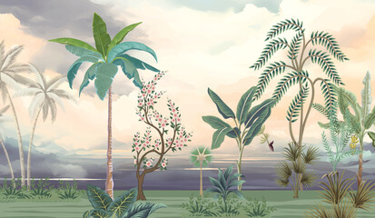 Obraz premium Tropical jungle safari forest illustration for wallpaper print, Tropical Mural, Mughal Mural Illustration. 