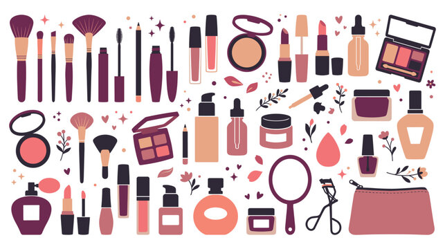 Cosmetic makeup collection with beauty products and brushes set.
