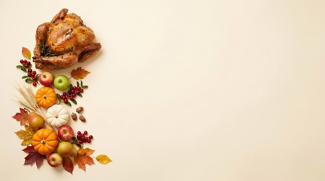 A festive thanksgiving border featuring a roasted turkey surrounded by colorful autumn leaves pumpkins and seasonal fruits on a light background