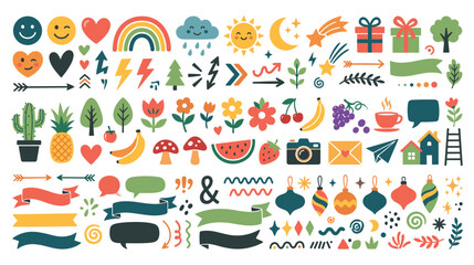 Fototapeta premium Cute cartoon weather nature and celebration elements vector graphic.