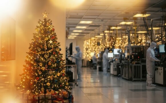 Christmas tree inside a high tech cleanroom semiconductor factory with workers in cleanroom suits