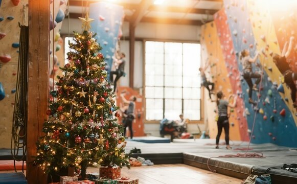 Decorated Christmas tree inside an indoor rock climbing gym with people bouldering in the background during the winter holidays
