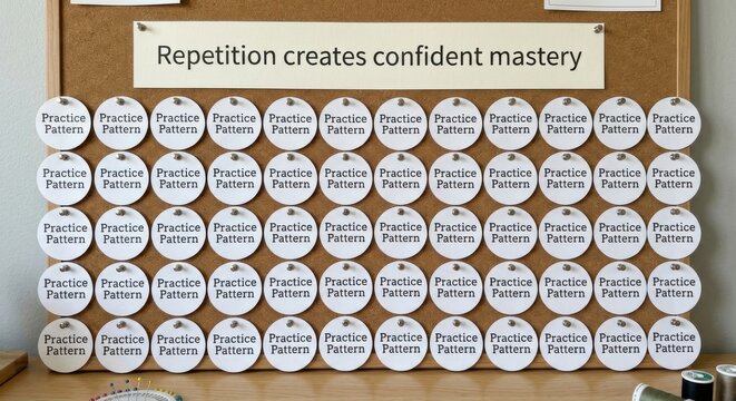 Numerous circular practice pattern labels displayed on a board, representing confident mastery through repetition