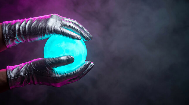 mystical fortune teller hands wearing shiny black gloves holding glowing cyan crystal ball for magic halloween witch divination ritual in dark smoky background with neon purple lighting.