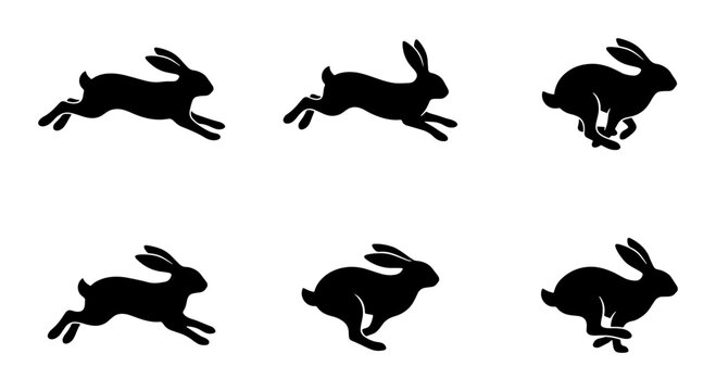 Running Rabbit Silhouettes, Six Motion Sequence Icons, Black Animal Vector Graphics