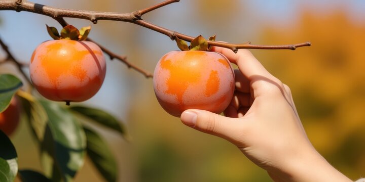 Person picking fresh ripe persimmon fruit from tree branch in autumn orchard representing harvest season and healthy organic food production
