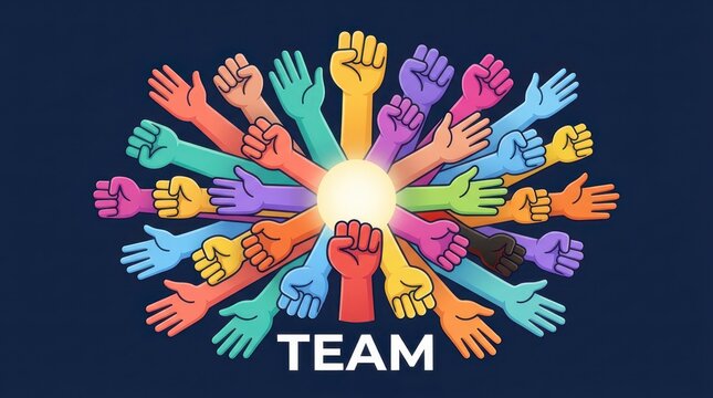 Colorful fireworks exploding over teamwork celebration text.