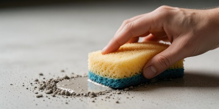 Hand cleaning spilled gray liquid and debris on a hard surface with a yellow and blue sponge representing hygiene, maintenance, and cleanup.