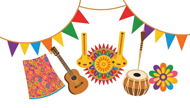 Bengali Cultural Festival Vector Elements Set with Traditional Instruments Dhol Ektara and Kula Isolated on White