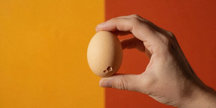 A hand holding a cracked brown egg against a dual yellow and red background representing fragility and vulnerability