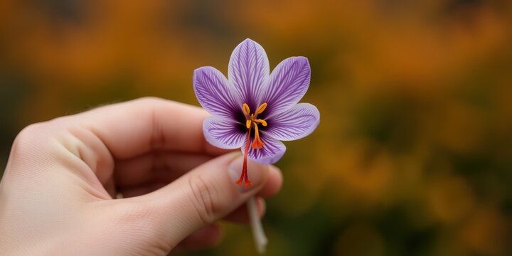 Hand holding a delicate purple saffron crocus flower with red stigma representing spice harvesting and botany concepts