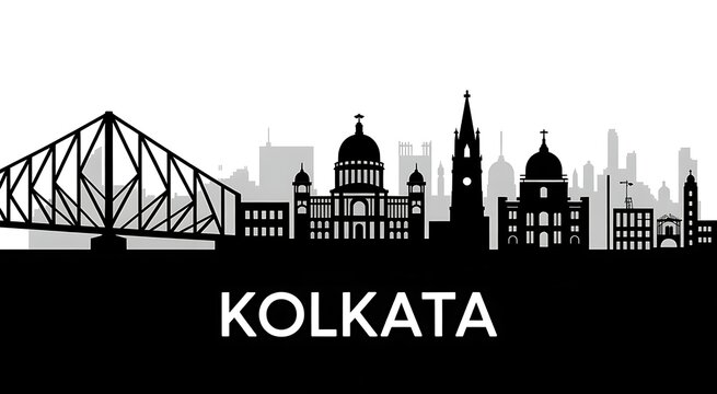 Kolkata City Skyline Black and White Vector Silhouette Banner Featuring Howrah Bridge and Victoria Memorial