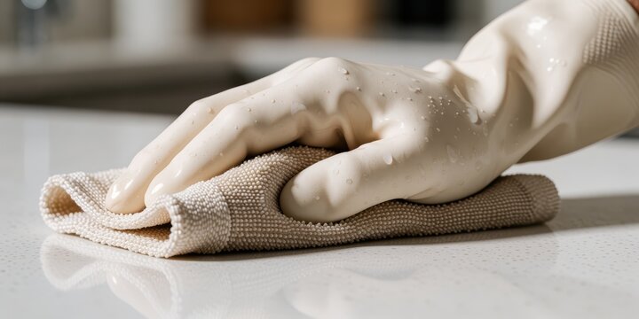 Close up of a gloved hand cleaning and wiping a white kitchen countertop with a textured microfiber cloth for hygiene