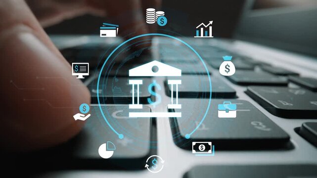 Close-up of Hands on Laptop Keyboard with Financial Icons and Symbols Representing Banking, Investment, and Digital Transactions in a Modern Setting. Entropy.