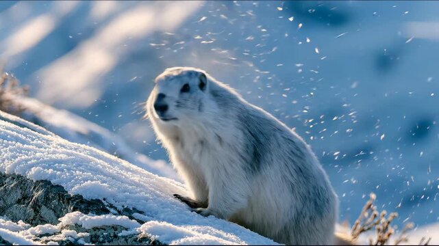 Arctic fox or white animal standing in snow field during cold winter blizzard with blowing snow.