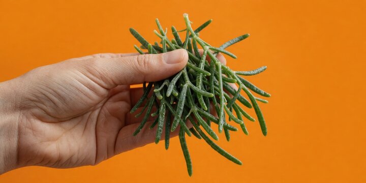 Hand holding fresh green samphire glasswort sea vegetable on orange background for culinary use
