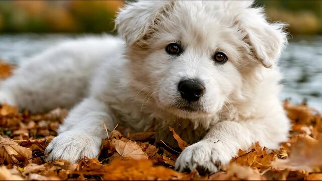 Adorable white fluffy retriever puppy lying on the ground looking curious at the camera.