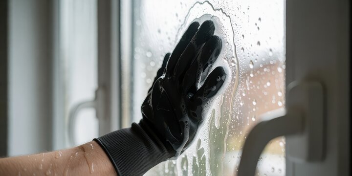 Person wearing a black rubber glove washing a dirty glass window with soapy water at home