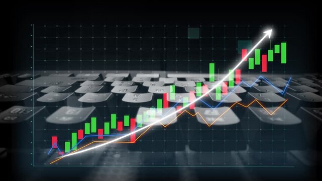 This image illustrates a financial chart with colorful candlestick patterns layered over a keyboard, representing digital trading and investment evaluations vividly. Copula