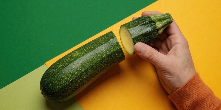 Sliced fresh green zucchini squash held by hand on colorful green and yellow background for healthy food cooking concept