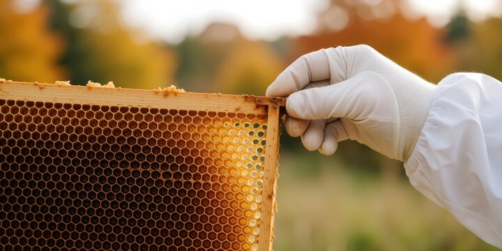 Beekeeper holding a wooden honeycomb frame with empty beeswax cells outdoors in an apiary for honey production and agriculture concepts