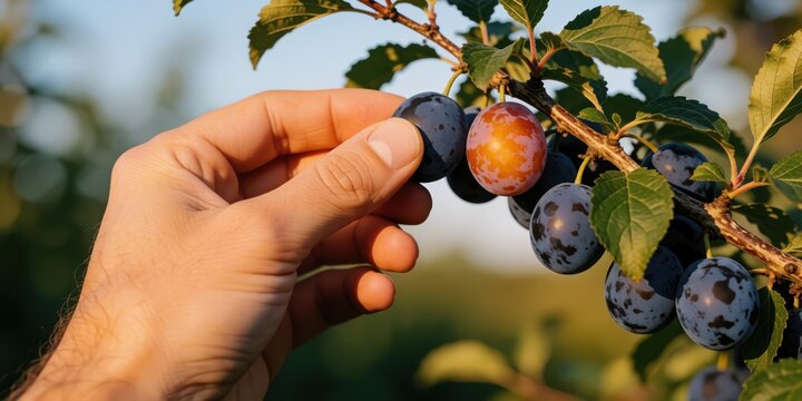 Close up of a young caucasian man harvesting ripe purple plums from a tree in an orchard, representing fresh organic fruit picking and sustainable agriculture