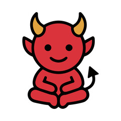 Fototapeta premium Cute cartoon red devil with horns and tail sitting cross-legged with a smile
