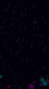 Abstract digital rain with neon glowing streaks and bokeh light particles on dark backdrop